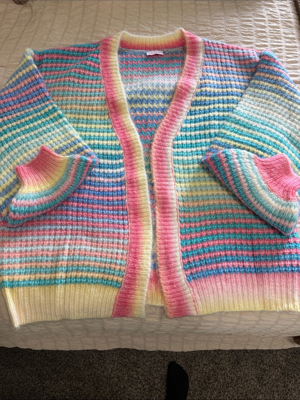 Pink Lily Pastel Striped Open Cardigan - Pink, Yellow, Blue, Mint. Never worn
